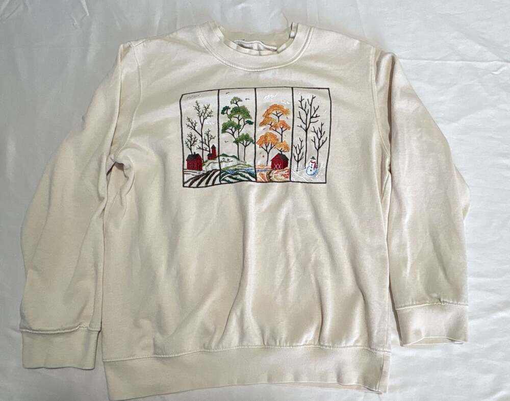 Vintage Embroidered Four Seasons Landscape Sweatshirt Cream